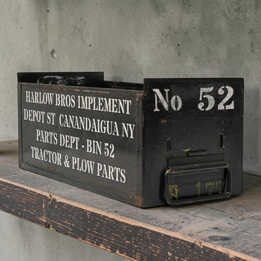 Vintage army green industrial metal parts bin with stenciled lettering and front label slot.