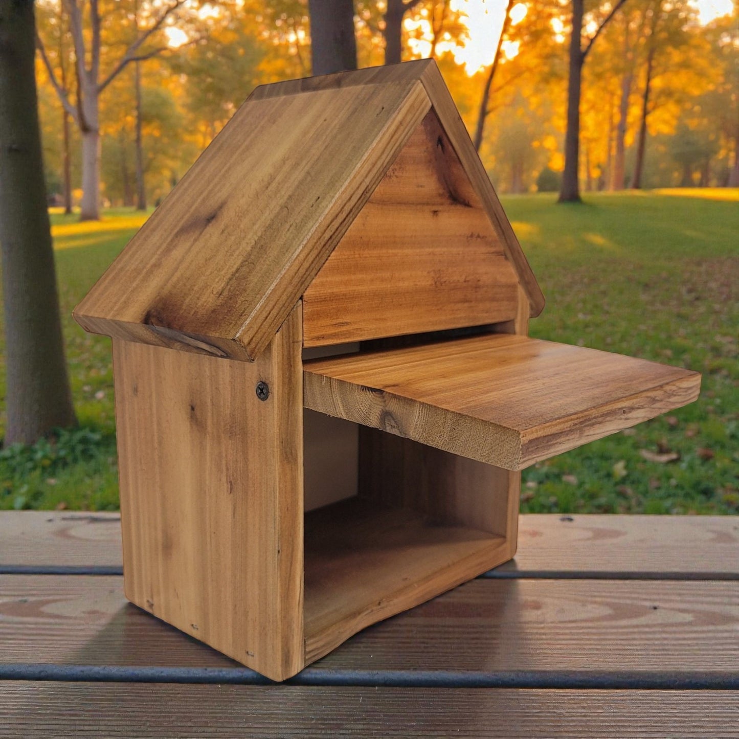 Wooden birdhouse on a wooden surface with a park background