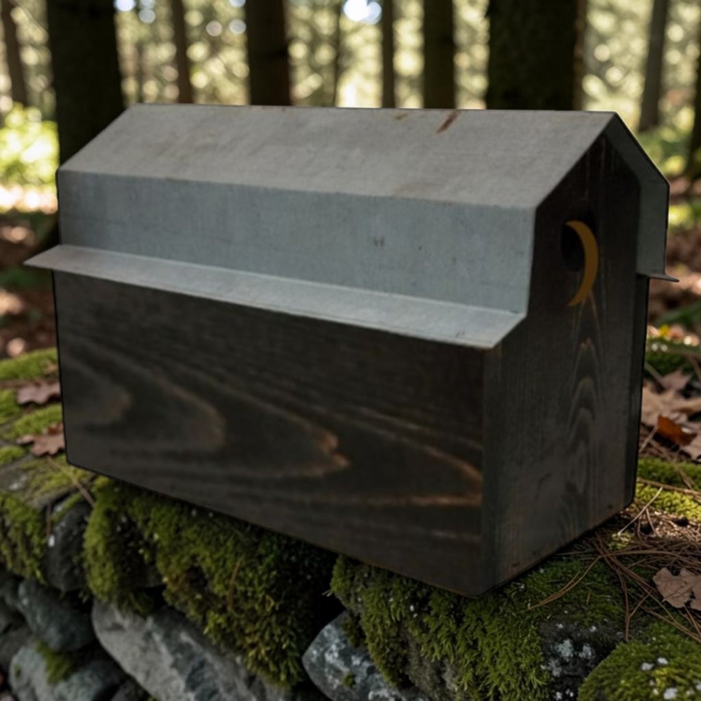 Handmade reclaimed wood Rock City double birdhouse with two nesting compartments and rustic black finish.