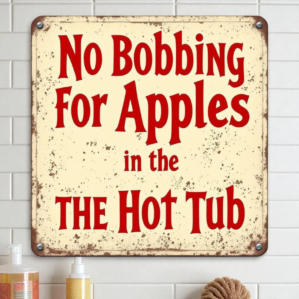 Vintage-style sign with red text on a beige background, mounted on a tiled wall.