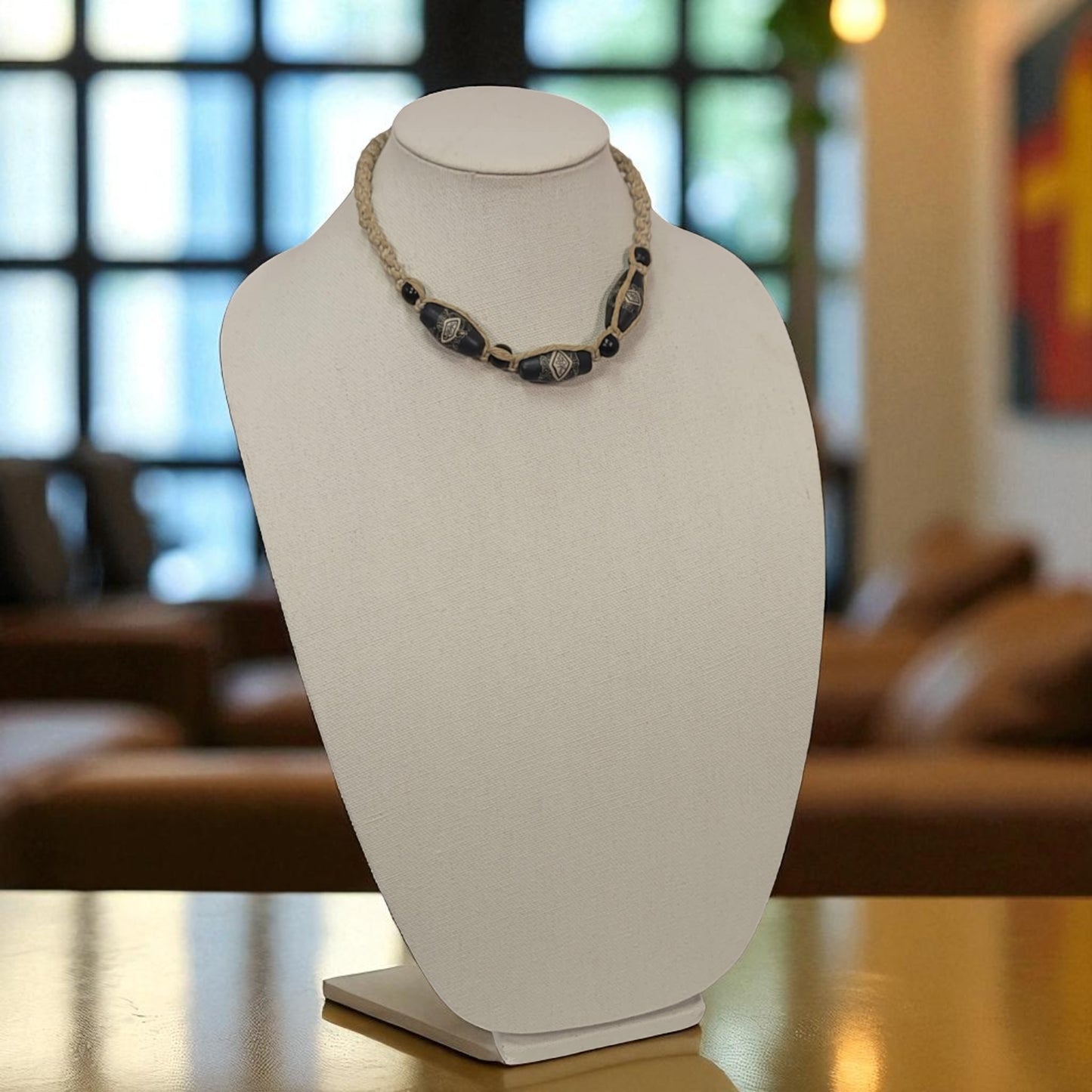 Vintage Braided Boho Choker Necklace with Inlaid Ebony Beads – 17 Inches