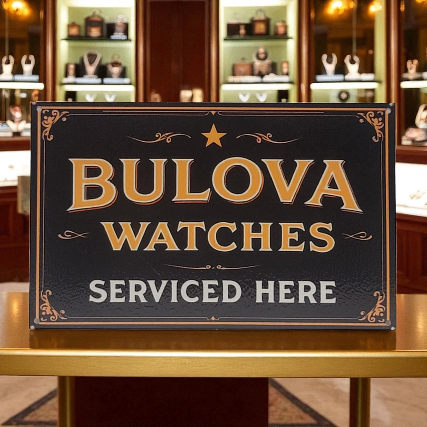 Bulova Watches sign on a table with a store interior in the background