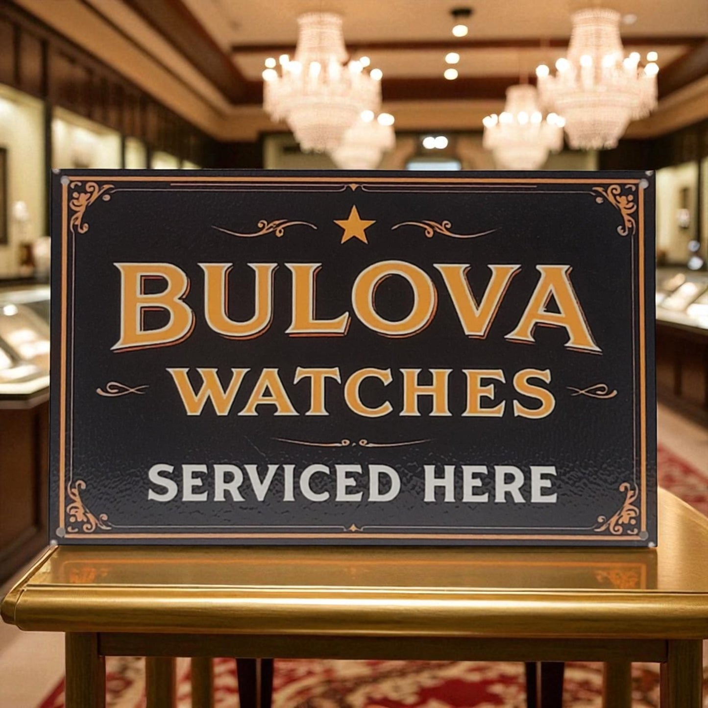 Bulova Watches sign on a table in an elegant interior setting