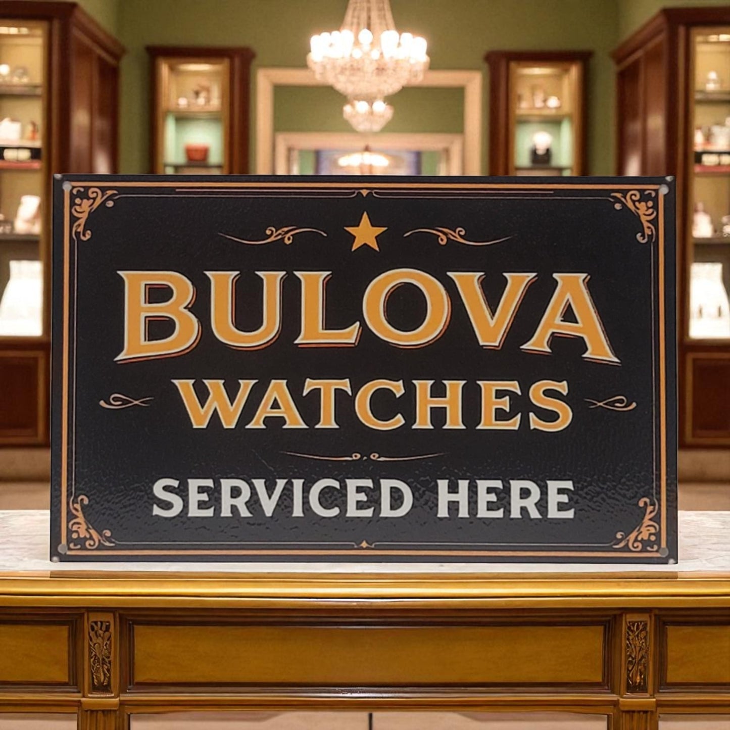 Bulova watches sign on a wooden surface with a decorative background