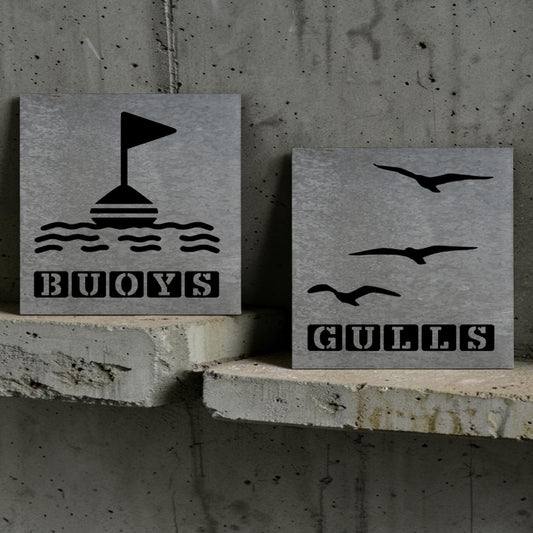 Handmade galvanized metal nautical bathroom signs