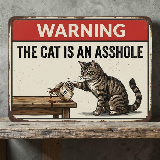 Funny handmade aluminum sign showing a cat knocking a coffee cup off a table with humorous warning text.