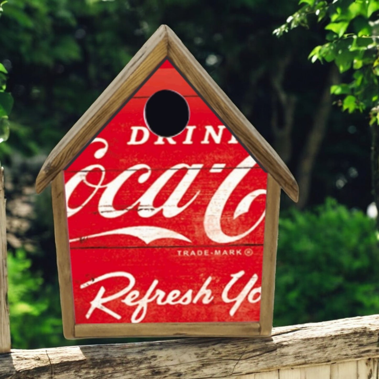 Handmade Rustic Coca-Cola Birdhouse – Retro Tin Sign Front
