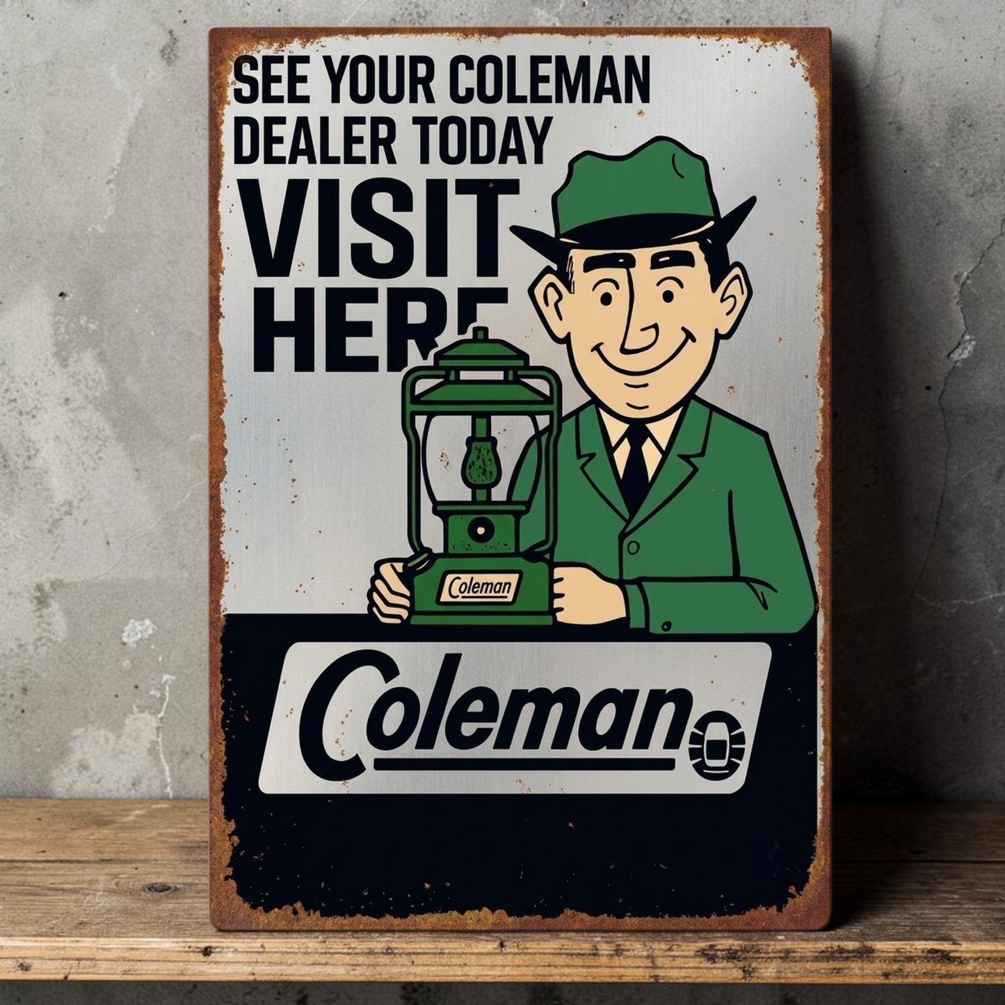 Retro Coleman dealer sign with optional personalized name and classic Coleman advertising design.