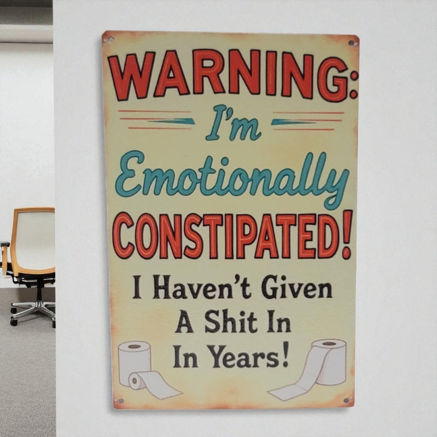 humorous sign on a wall with text and toilet paper graphics
