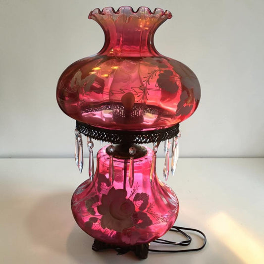 Large Cranberry Glass Banquet Hurricane Lamp
