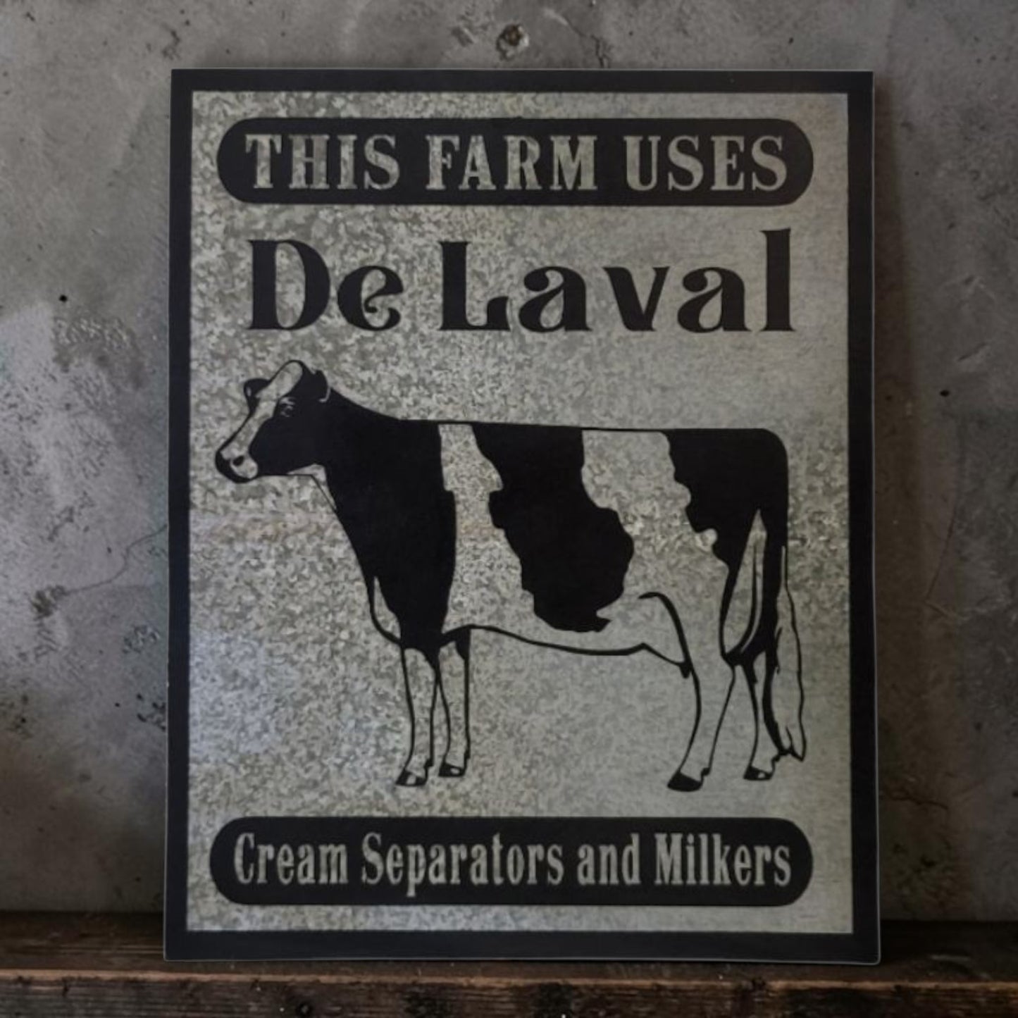 Rustic DeLaval Cream Separators and Milkers farm sign made from reclaimed galvanized barn tin.