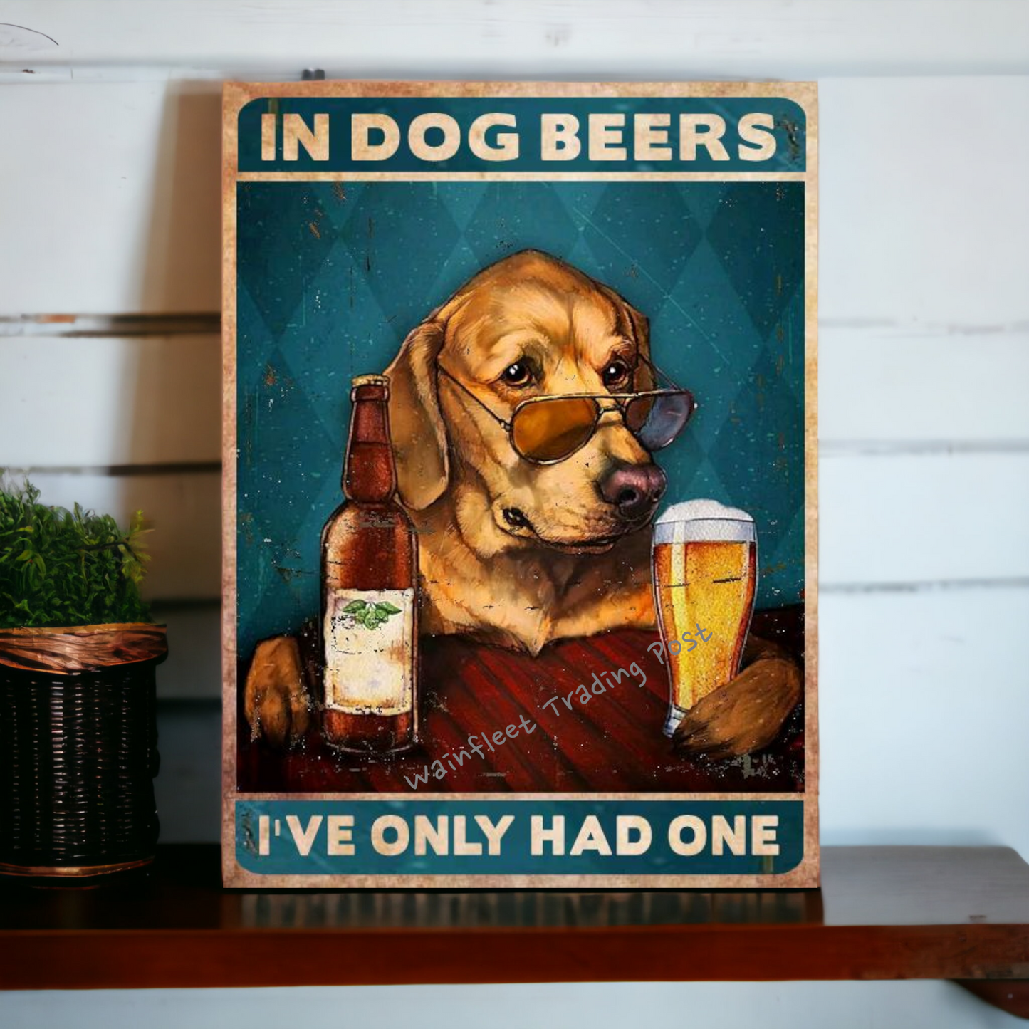 Dog drinking beer sign