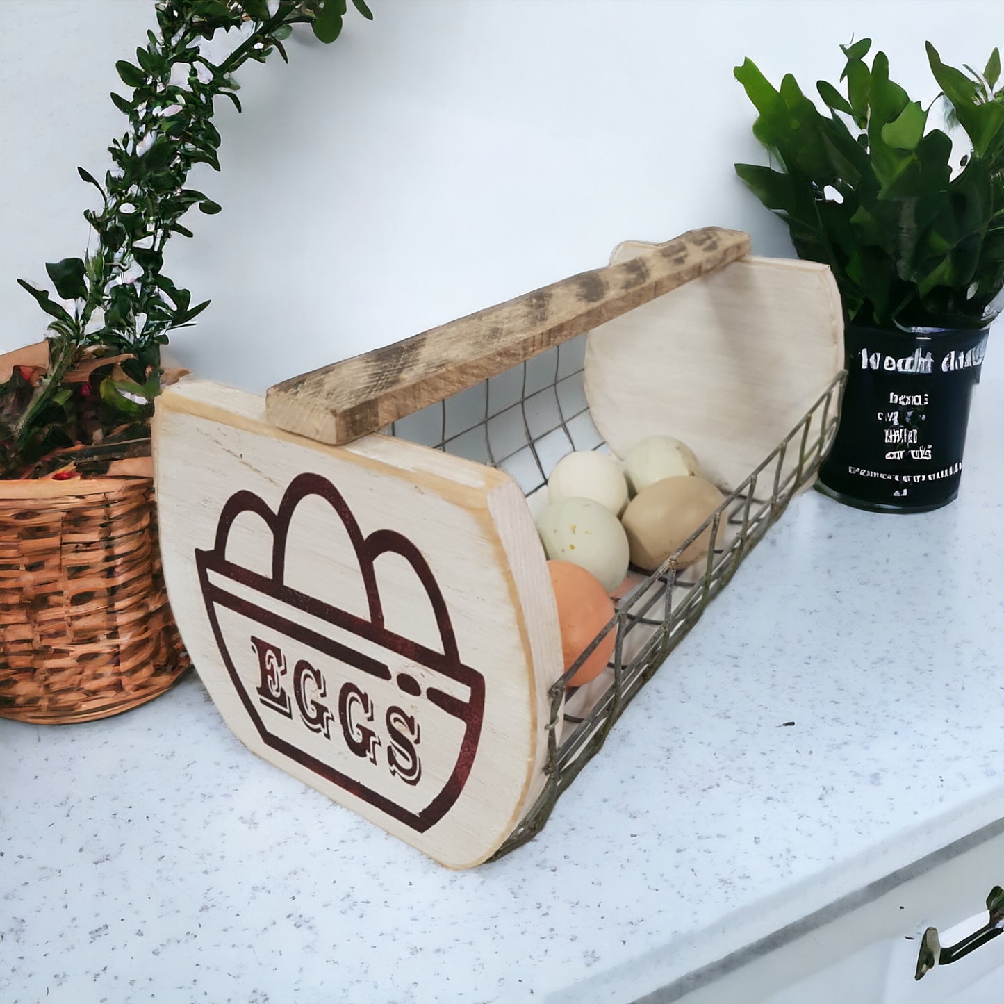 Rustic wooden wire egg basket with eggs on the end