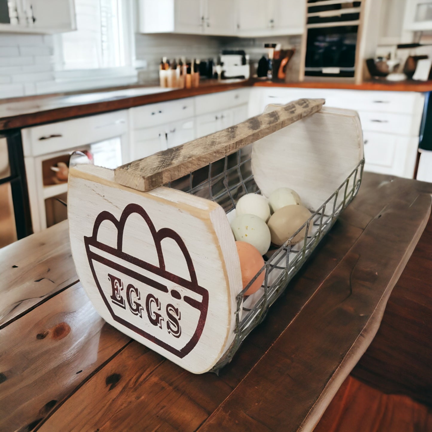 Rustic wooden wire egg basket with eggs on the end