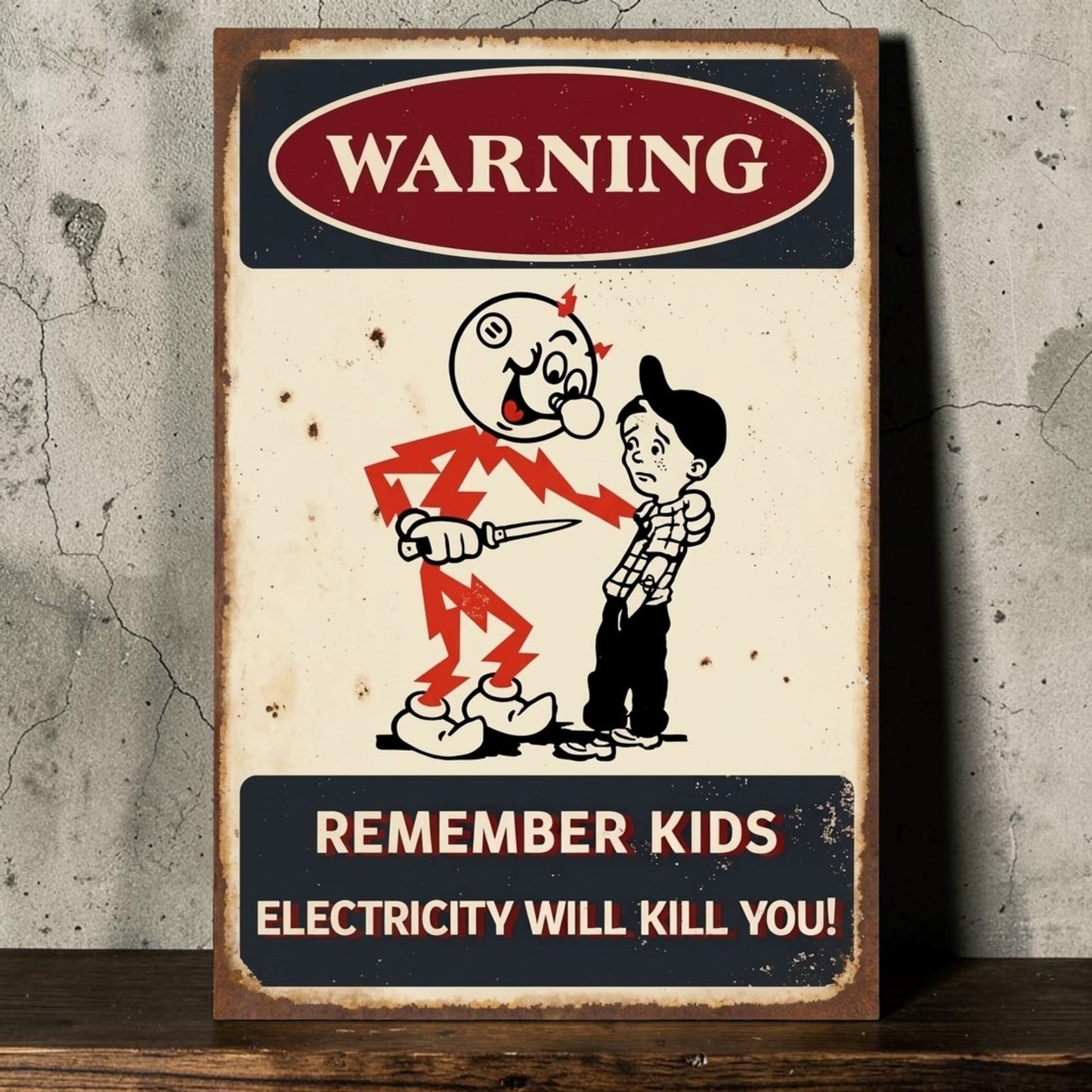 Rustic Reddy Kilowatt electricity warning sign featuring a lightning-bolt character and electrical safety message.