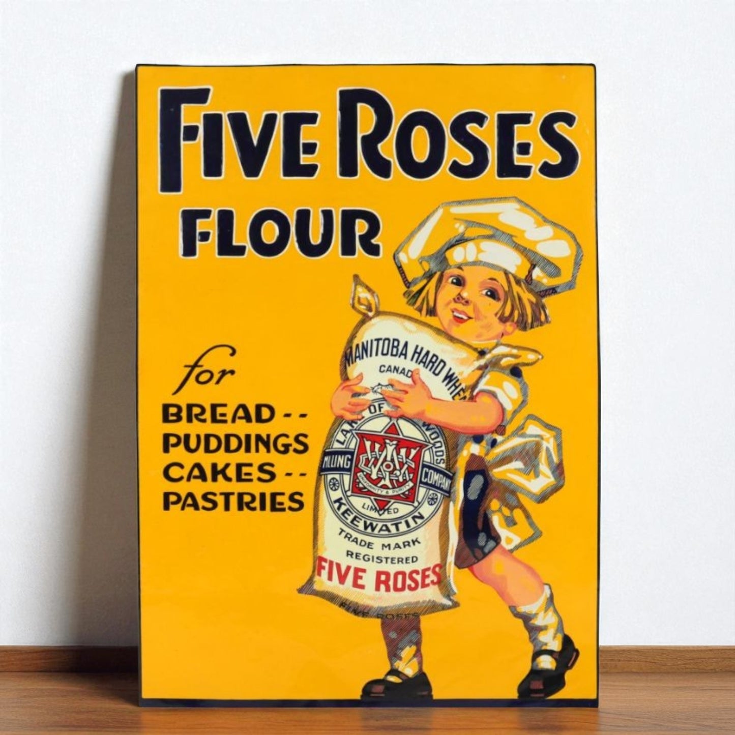 Vintage Five Roses Flour advertisement with a child holding a flour bag on a yellow background.
