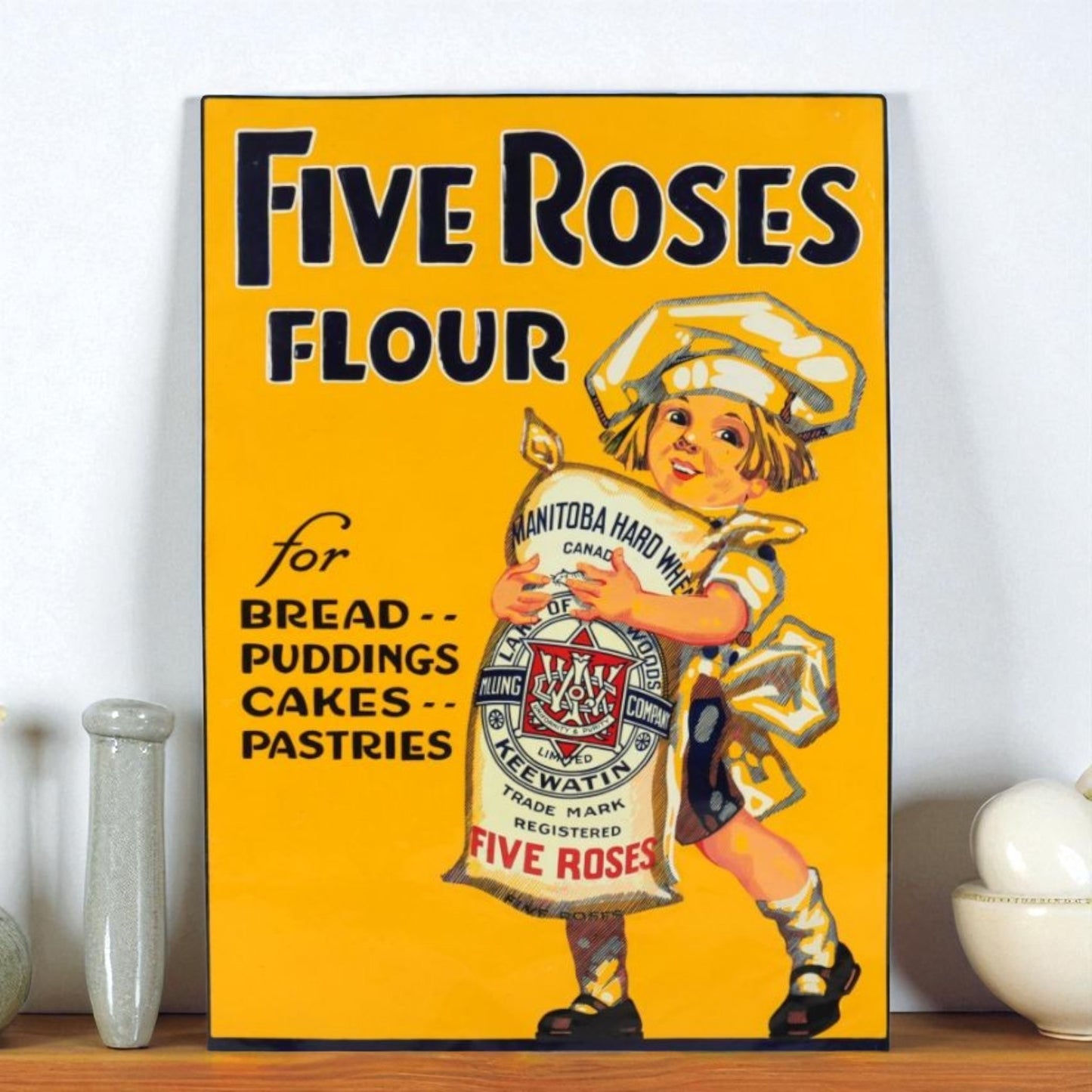Vintage-style Five Roses Flour advertisement with a child holding a flour bag on a yellow background.