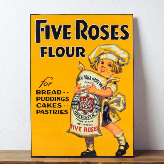 Vintage-style advertisement for Five Roses Flour featuring a child holding a flour bag on a yellow background.