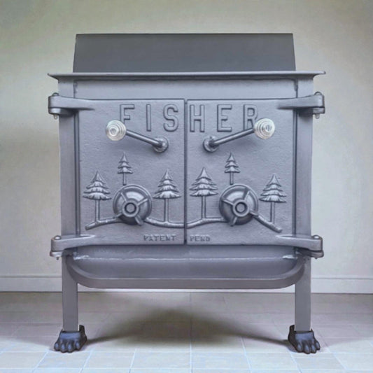 Fisher Grandma Bear wood stove with rear vent chimney and optional cooking surface.