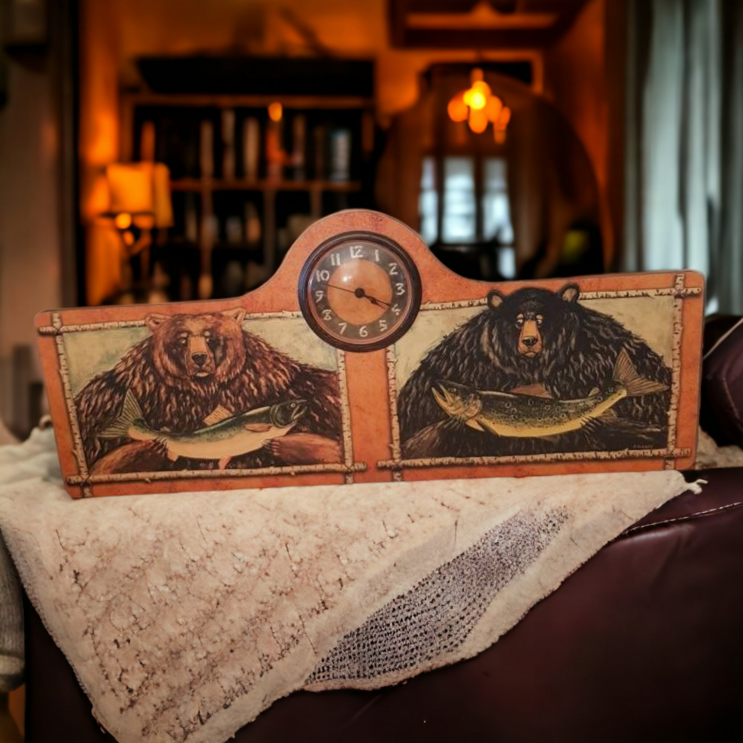 Hunting Themed Clock Grizzly Bear Fishing Salmon Hunt Camp Decor