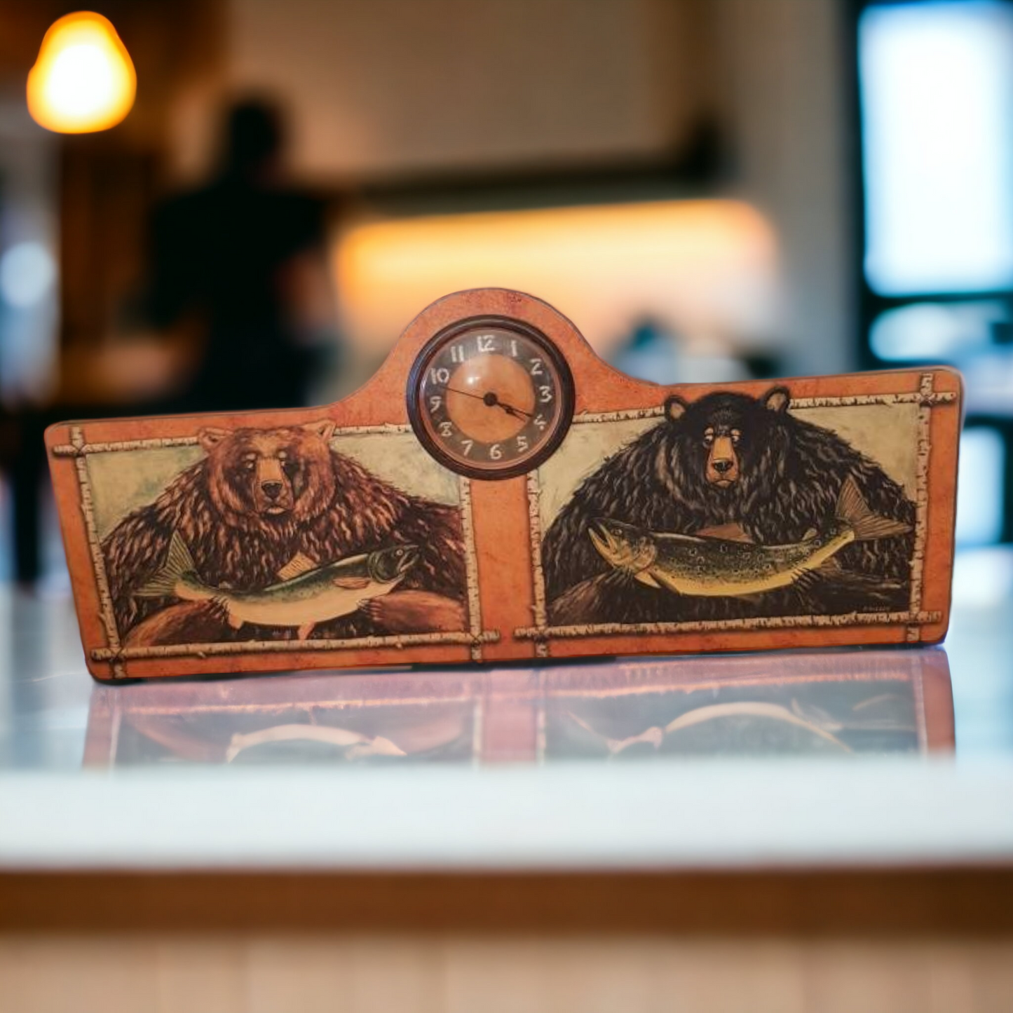 Hunting Themed Clock Grizzly Bear Fishing Salmon Hunt Camp Decor