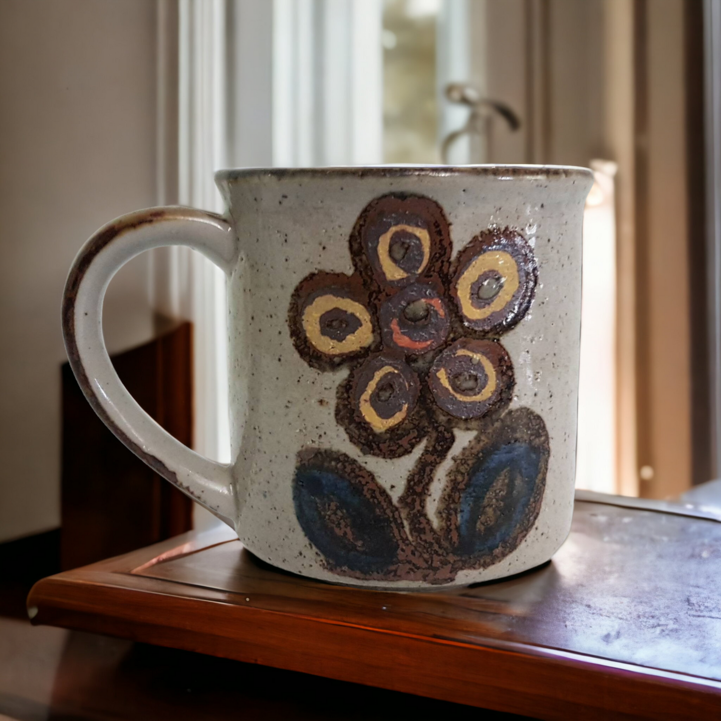 Art Pottery Coffee Cup Hand Painted Floral Design MCM Hippy Dippy Flower Power