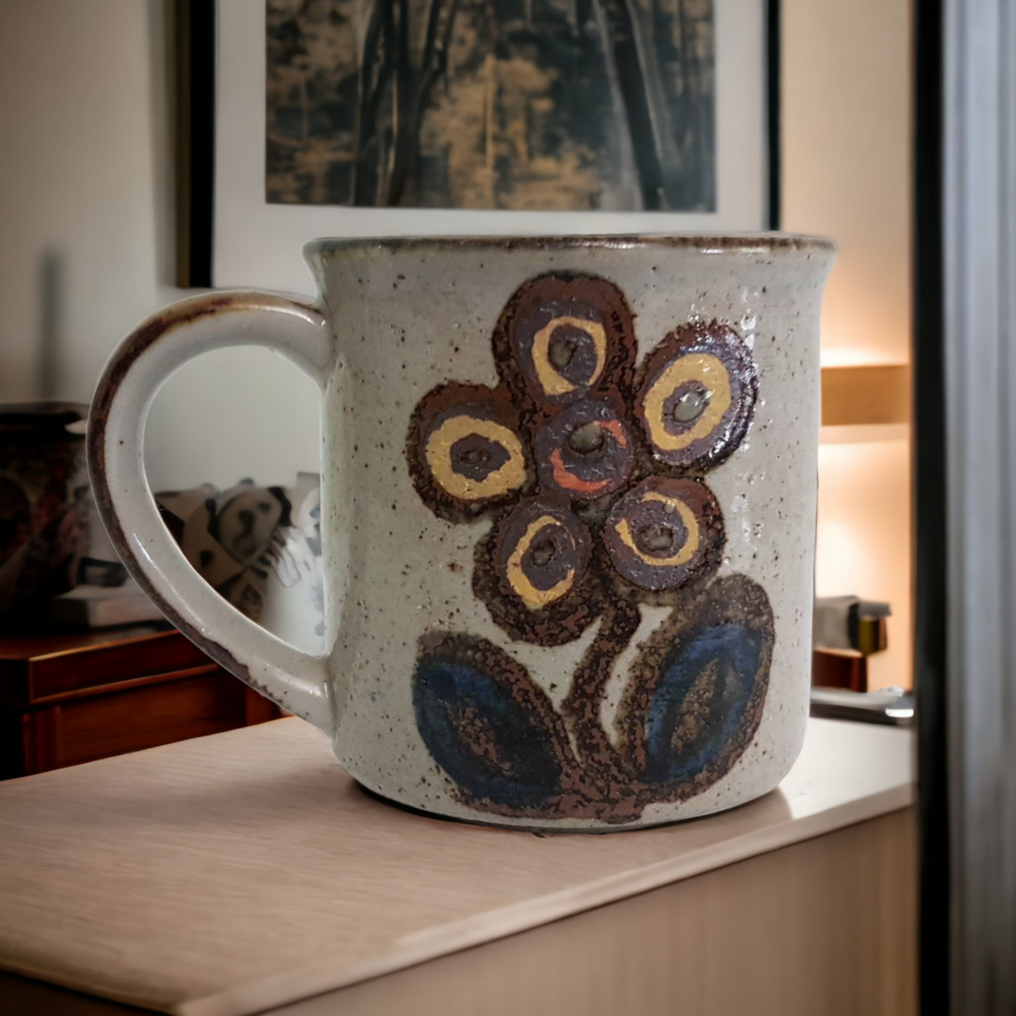 Art Pottery Coffee Cup Hand Painted Floral Design MCM Hippy Dippy Flower Power
