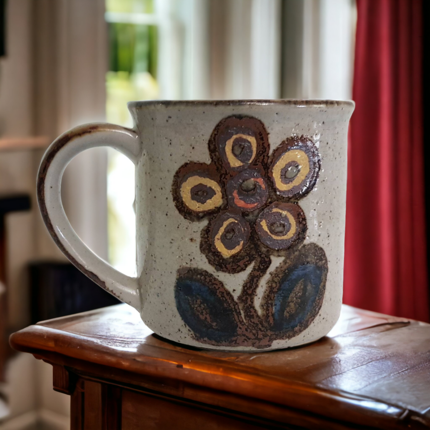 Art Pottery Coffee Cup Hand Painted Floral Design MCM Hippy Dippy Flower Power