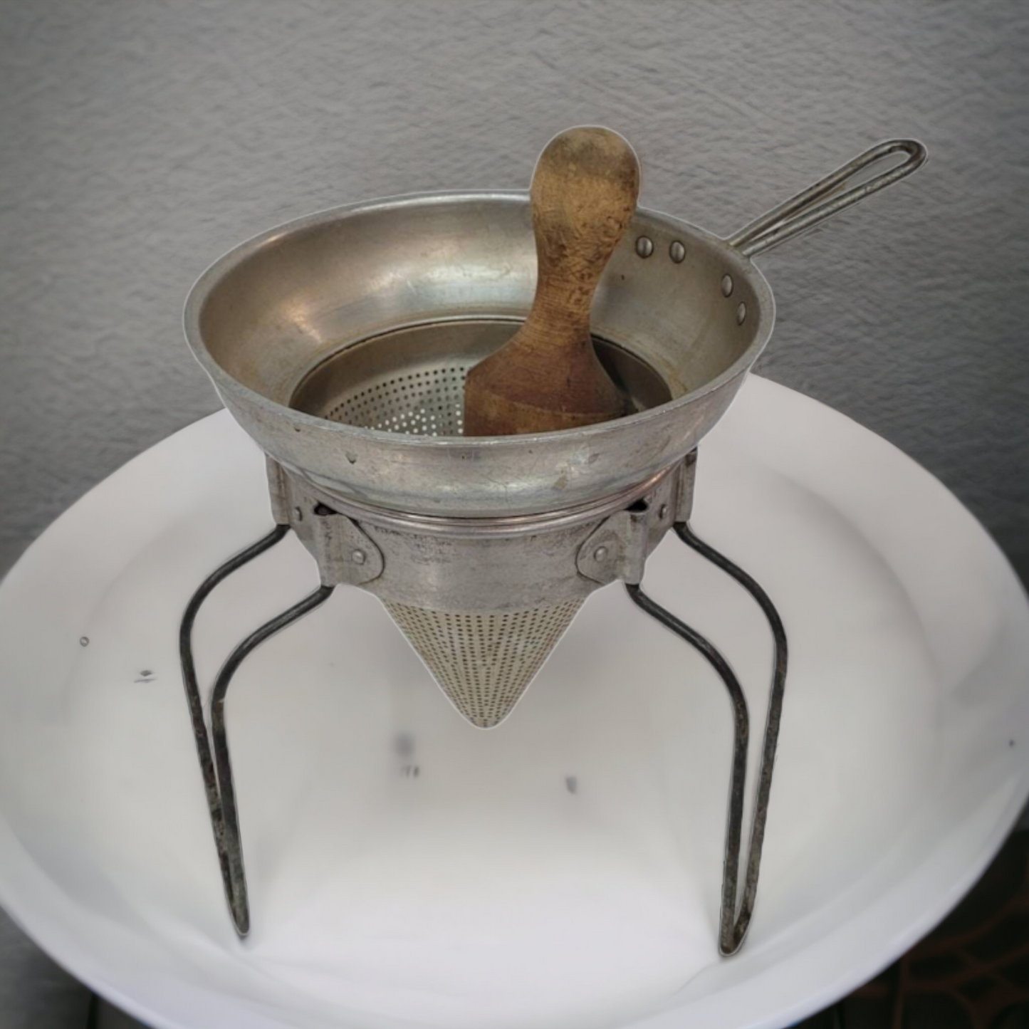 Metal Kitchen Strainer With Wooden Masher