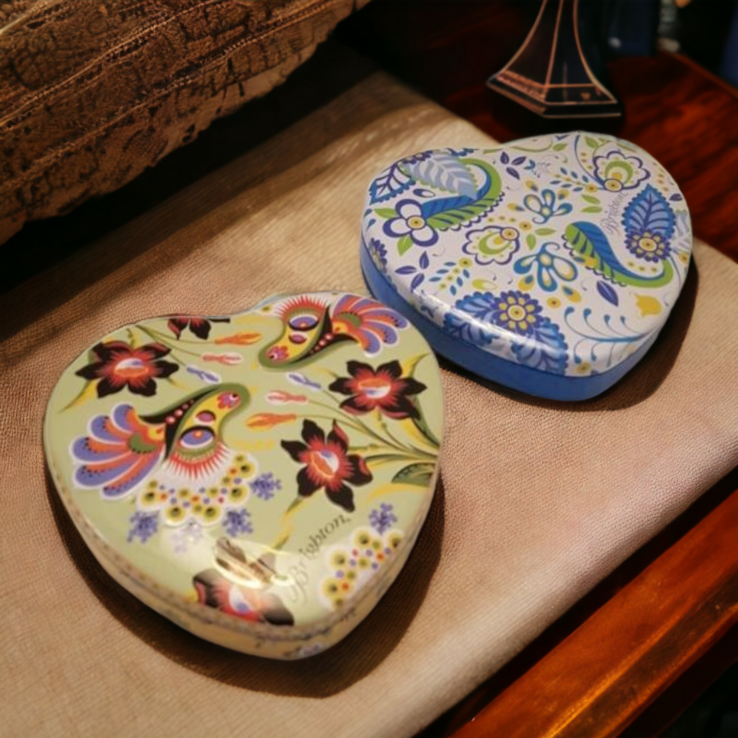 Brighton Tin Floral Design Heart Shaped Trinket Jewelry Gift Boxes