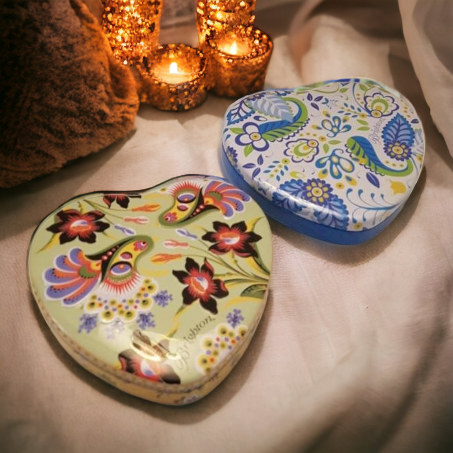 Brighton Tin Floral Design Heart Shaped Trinket Jewelry Gift Boxes