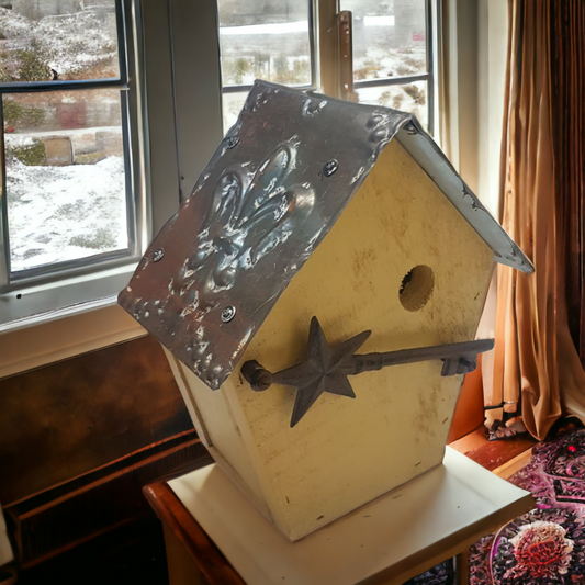 Rustic Bird House Hand Built Fleur De Lys Tin Roof - Wainfleet Trading Post