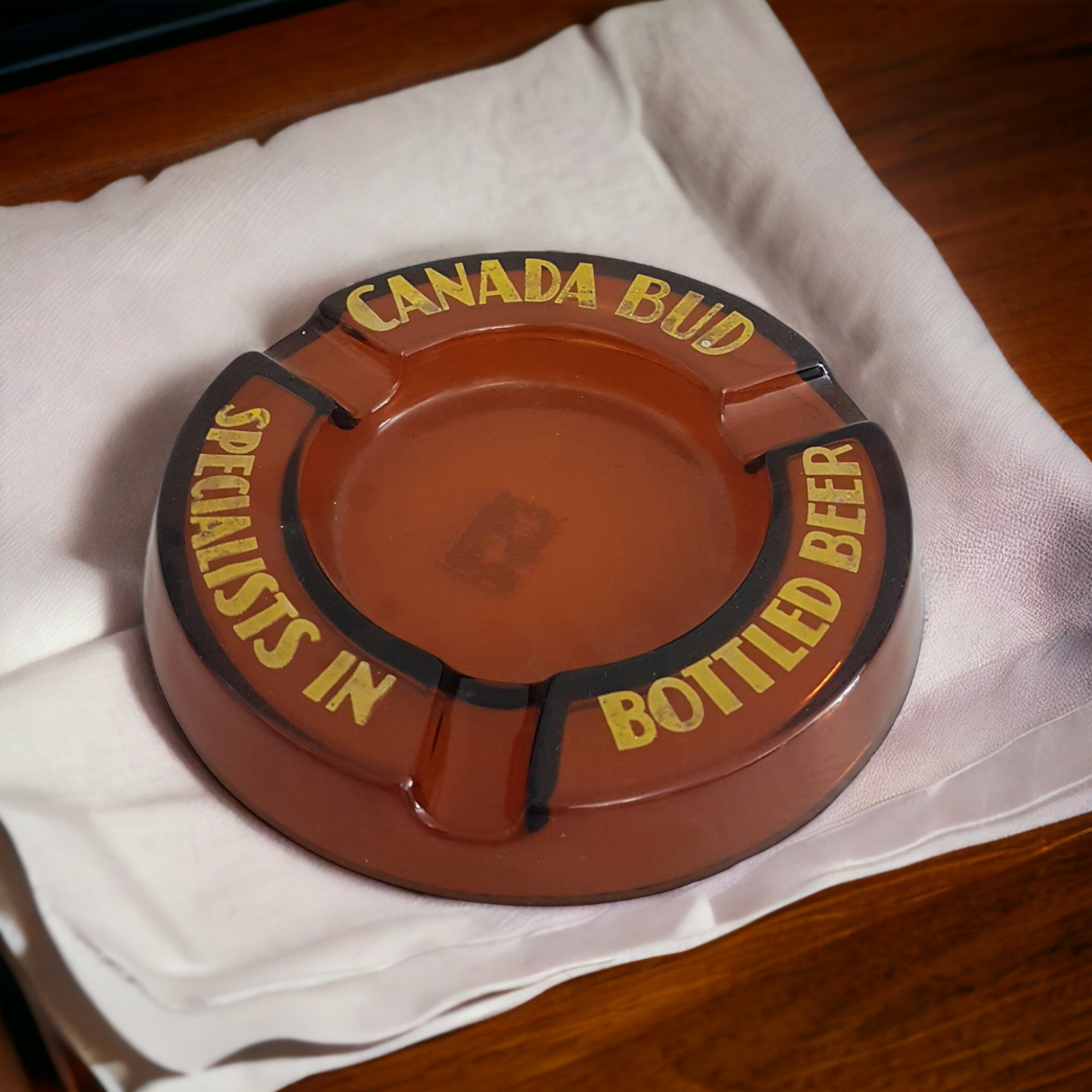 Antique Canada Bud Amber Glass Ashtray Beer Advertising
