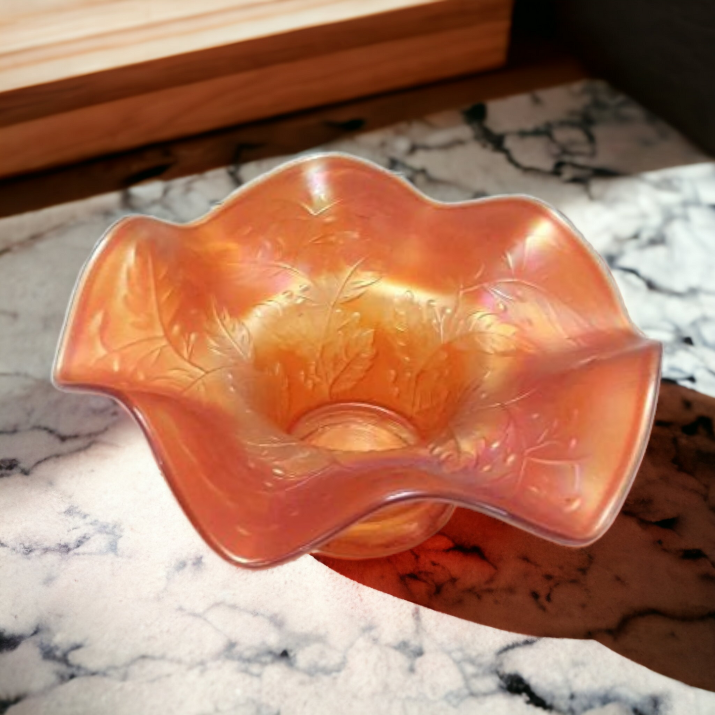 Antique Fenton Marigold Holly Carnival Glass Ruffled Candy Dish