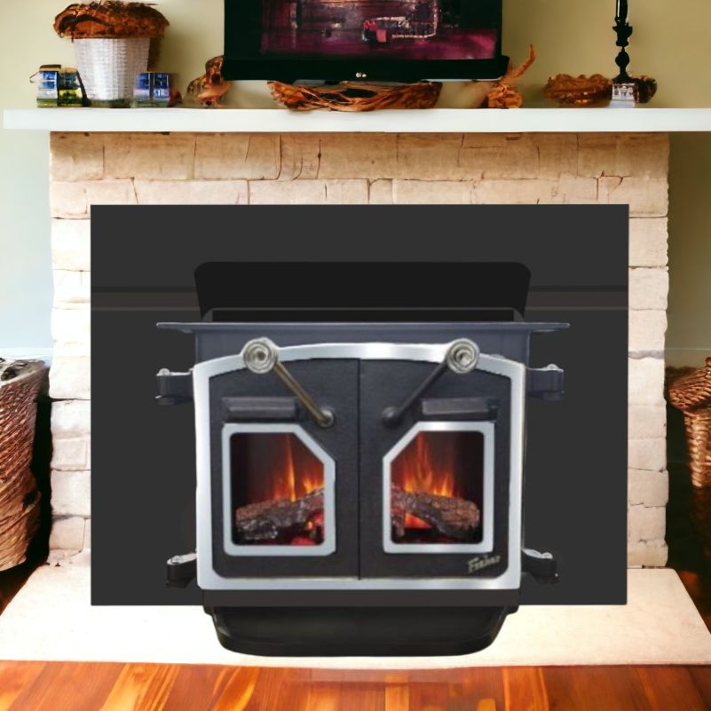 Grandma Bear Fisher Wood Stove Insert Nickel & Glass Doors