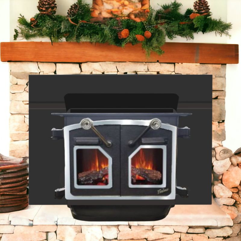 Grandma Bear Fisher Wood Stove Insert Nickel & Glass Doors