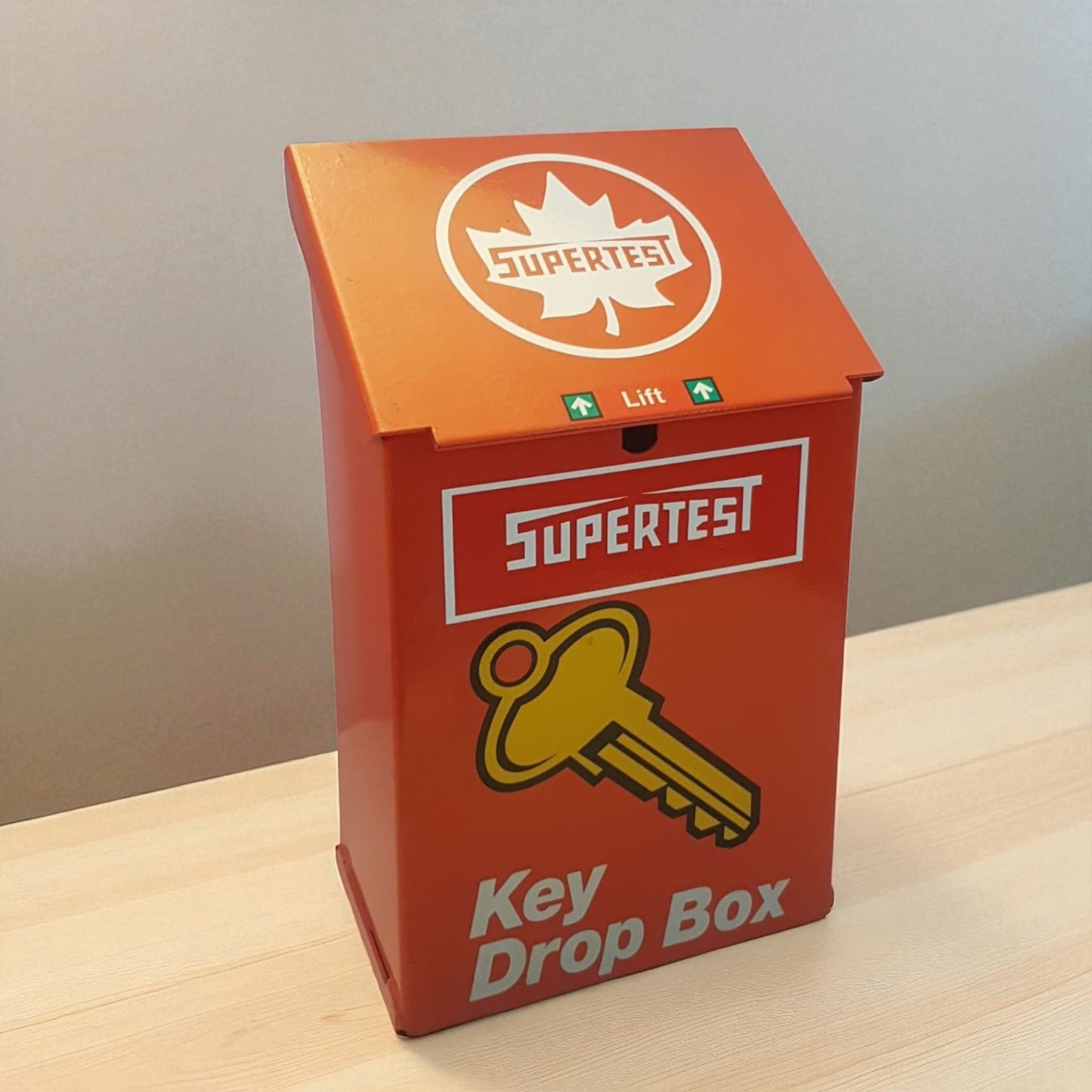 Heavy-Duty Nighttime Key Drop Box with Vintage Super Test Gasoline Design