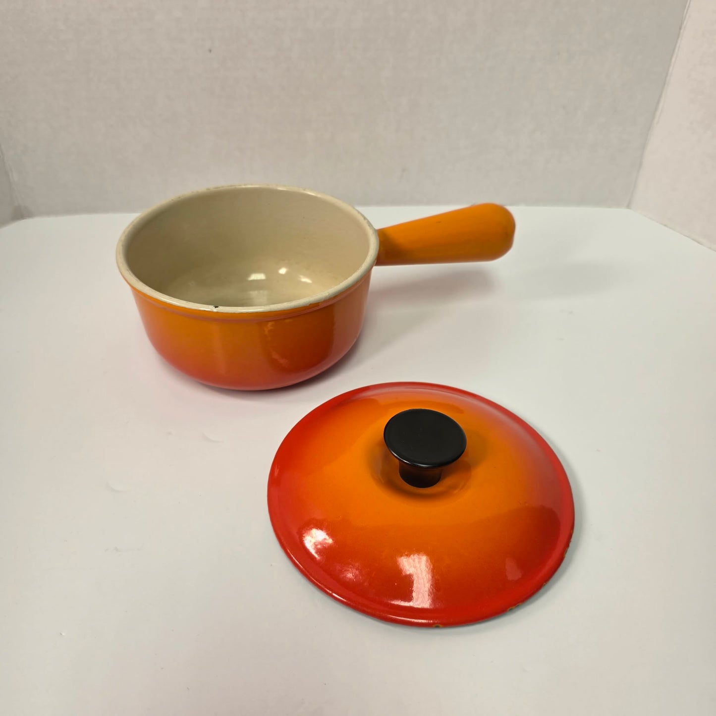 Vintage Le Creuset #14 Saucepan Flame Orange Cast Iron Pan with Hollow Handle
