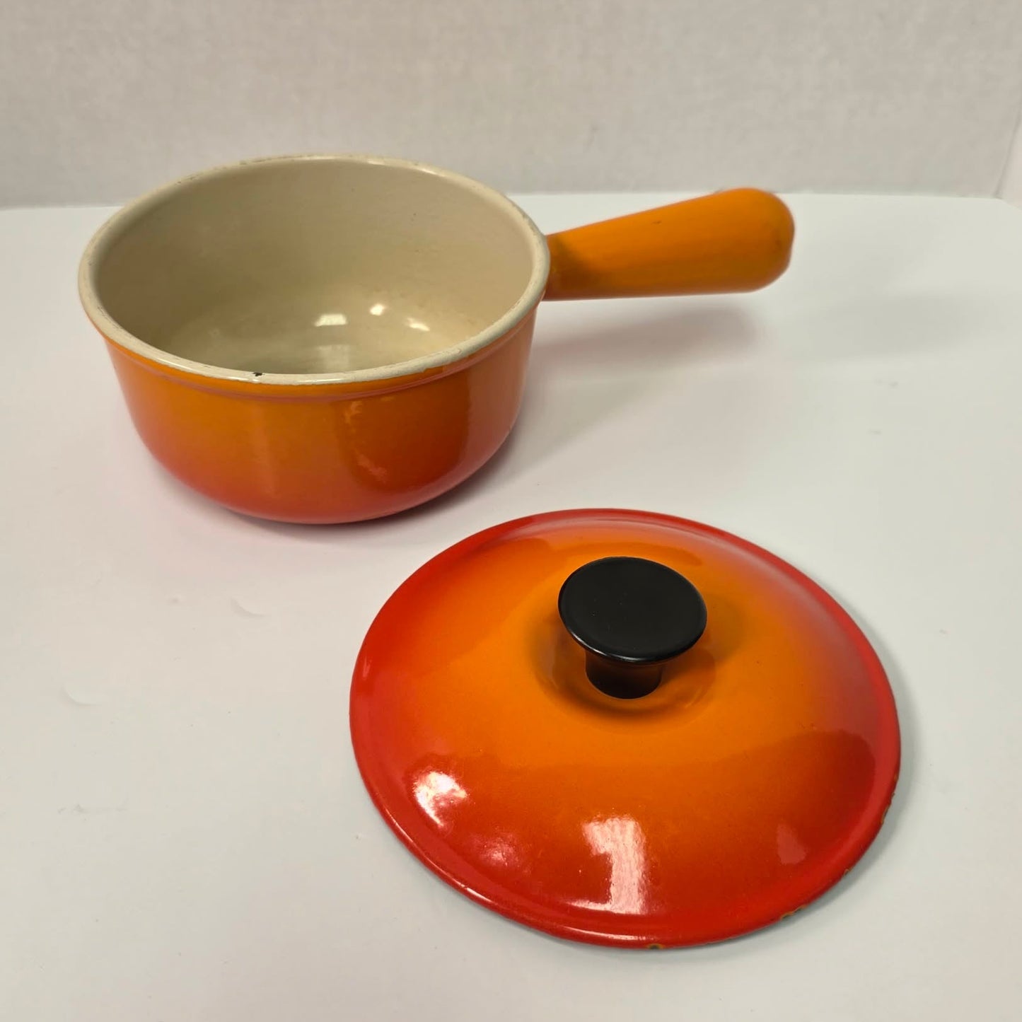 Vintage Le Creuset #14 Saucepan Flame Orange Cast Iron Pan with Hollow Handle