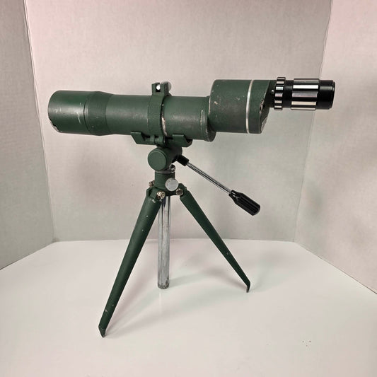 Vintage L.M. Dickson spotting scope 15–30x50 with tripod, mid-century hunting optics in good usable condition, model 14381.