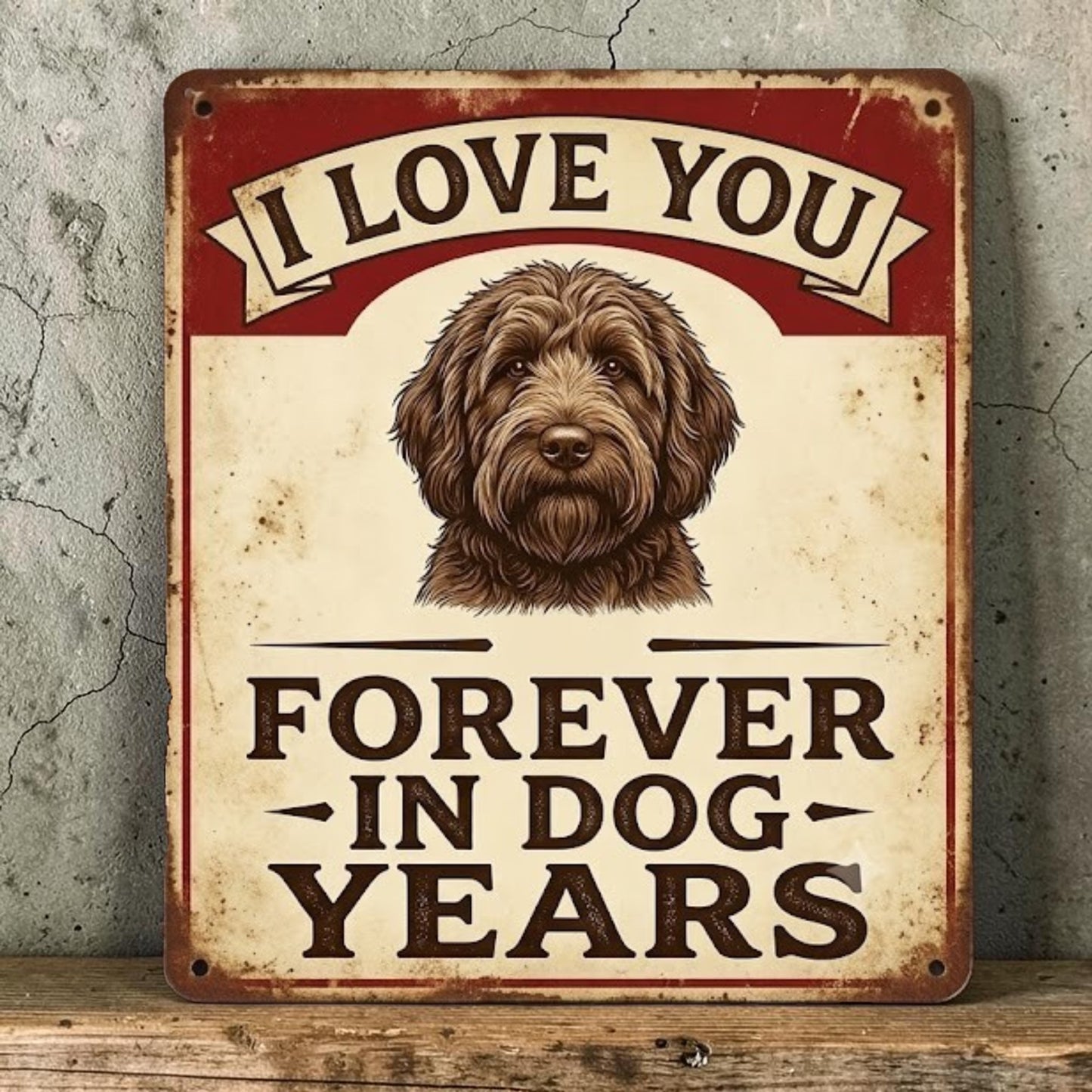 Handmade aluminum sign with cute dog and I Love You Forever in Dog Years quote.