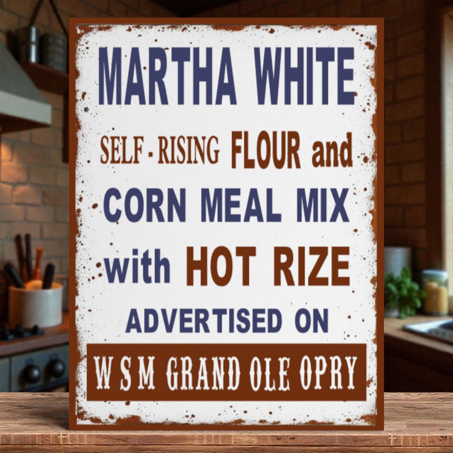 Vintage-style sign advertising Martha White flour and corn meal mix with hot rize, placed on a wooden surface.
