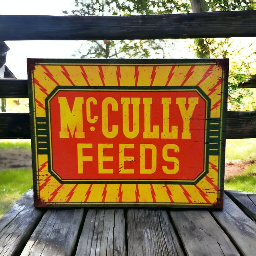 Vintage Mccully feeds sign farm decor