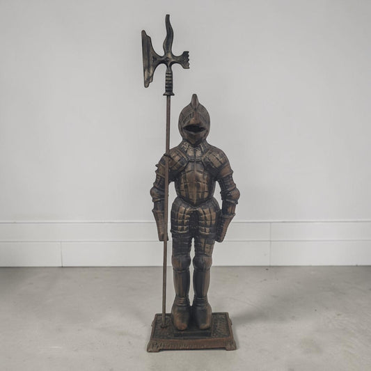 Large 30-inch medieval knight fireplace hearth statue with Arts and Crafts styling.