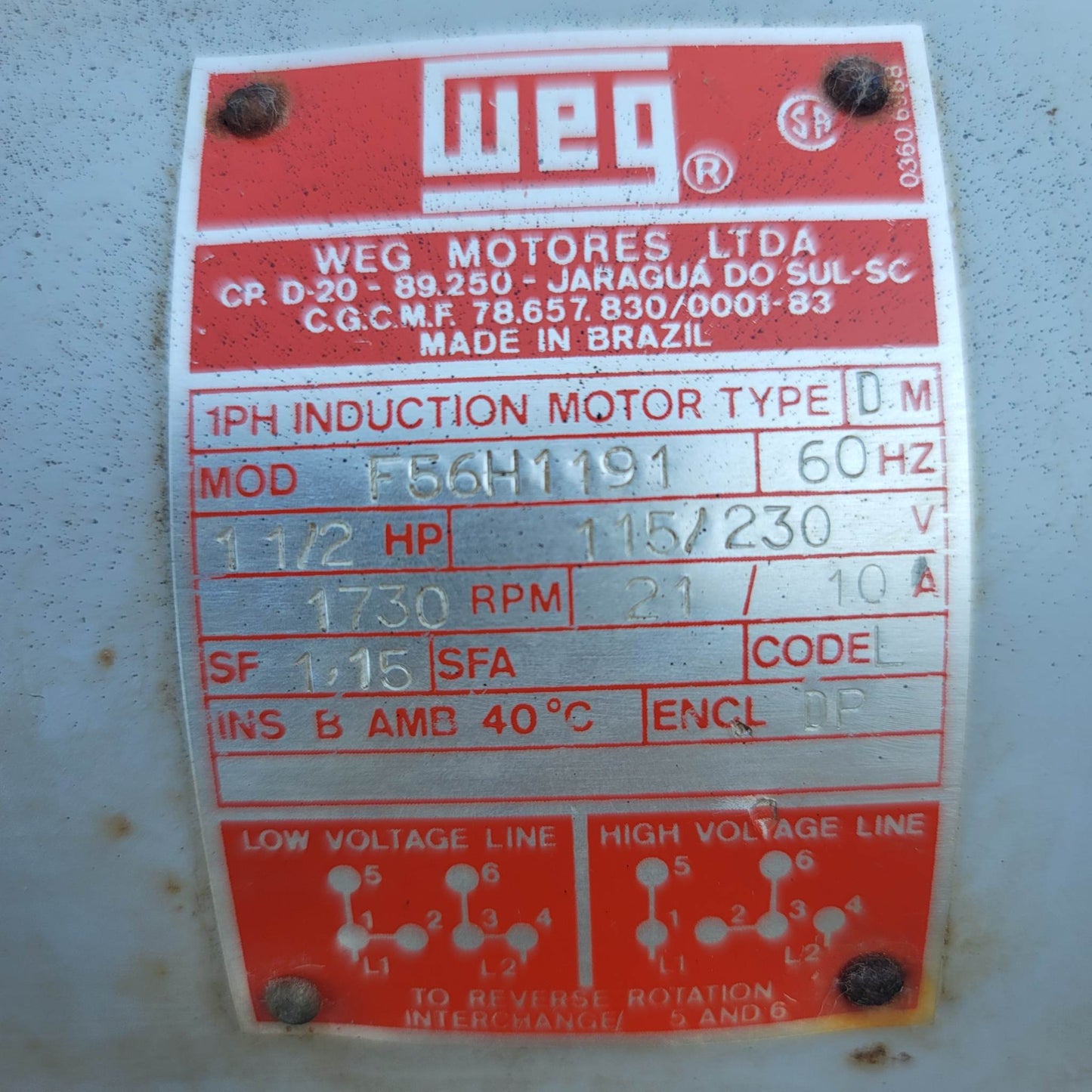 Weg Electric Motor 1-1/2 Hp 115/130 Volt Model F56H1191