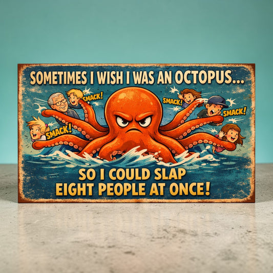 Octopus Humor Metal Sign – “Sometimes I Wish I Was an Octopus So I Could Slap 8 People at Once”