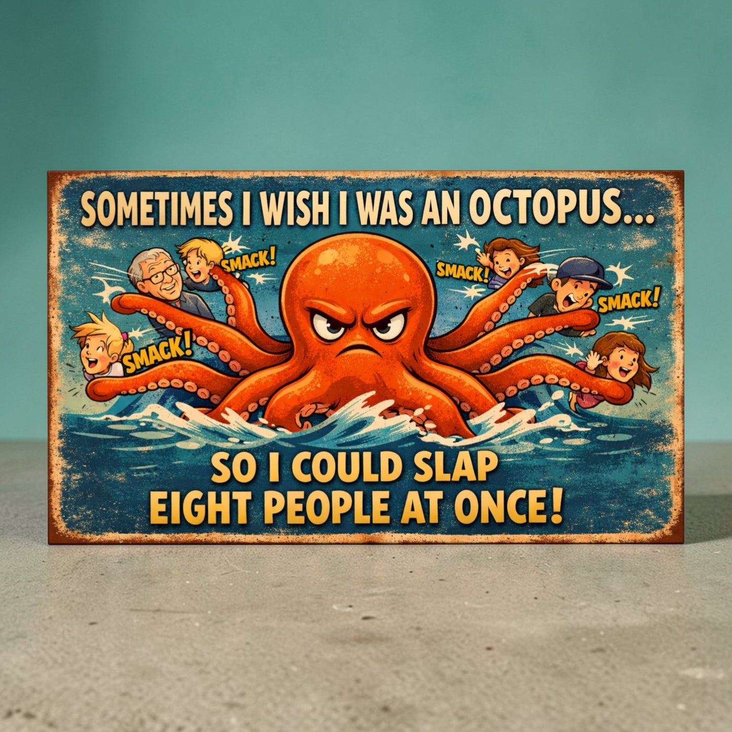 Octopus Humor Metal Sign – “Sometimes I Wish I Was an Octopus So I Could Slap 8 People at Once”