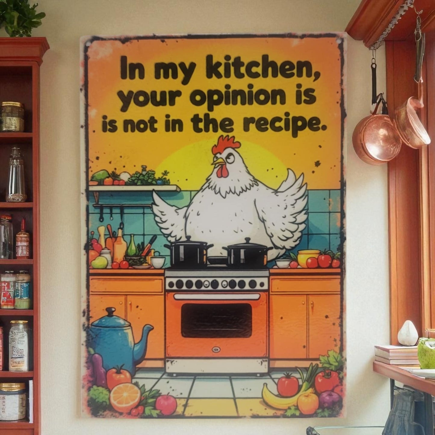 Decorative sign with a chicken in a kitchen setting on a wall.