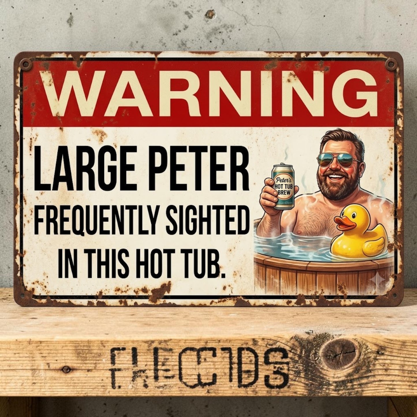 Funny handmade aluminum hot tub sign featuring a larger man relaxing with a rubber ducky.