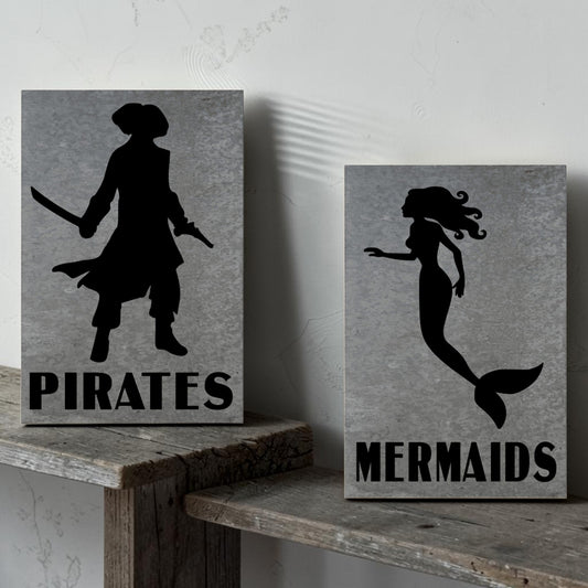Pirates bathroom metal sign
Mermaids bathroom metal sign
Nautical barn metal restroom set
Hand-painted coastal washroom signs
Rustic marina bathroom decor set
